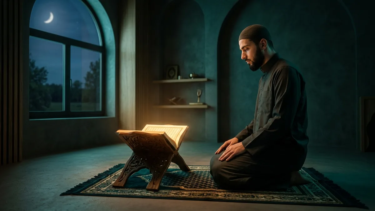 Muslim scholar performing Tahajjud night prayer with open Quran under moonlight